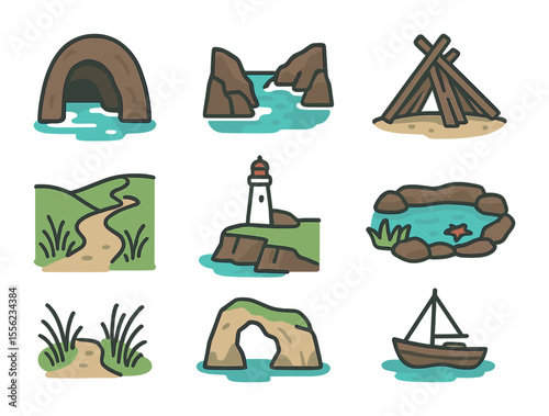 Hidden Coastal Icons. Flat icon set of hidden coastal getaways: sea cave, rocky inlet, driftwood shelter,