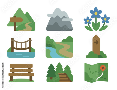 Hiking Icons Collection. Flat icon set of undiscovered hiking destinations: mountain trailhead, foggy peak,