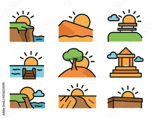 Sunrise and Sunset Icons. Flat icon set of sunrise and sunset hidden spots: cliff edge view, dune overlook,