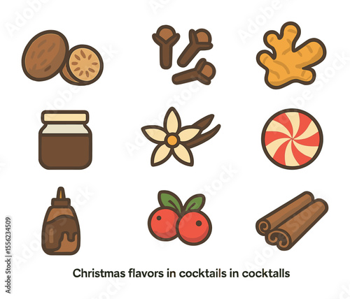 Christmas Cocktail Icons. Flat icon set of Christmas flavors in cocktails: nutmeg, cloves, ginger, molasses,