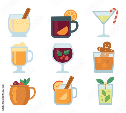 Christmas Cocktail Icons. Flat icon set of Christmas cocktails: eggnog glass, mulled wine mug, peppermint