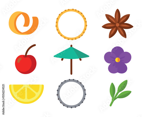 Cocktail Garnish Icons. Flat icon set of cocktail garnishes: orange twist, sugar rim, star anise, cocktail