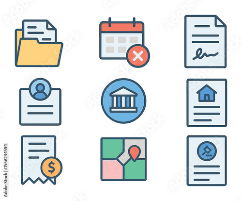 Permit Office Icons. Flat icon set of permit office documents: application folder, calendar with deadline,