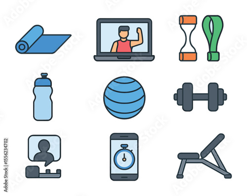 Home Training Essentials. Flat icon set of home personal training setup: yoga mat, laptop with trainer video,