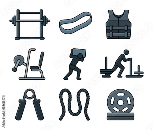 Strength Training Icons. Flat icon set of strength and resistance training: squat rack, resistance loop band,