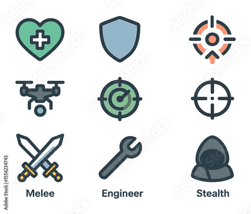 Character Role Icons. Flat icon set of multiplayer character roles: healer symbol, tank shield, DPS icon,
