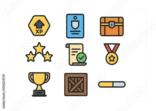 Multiplayer Rewards Icons. Flat icon set of multiplayer rewards: XP boost icon, season pass, loot box, ranking
