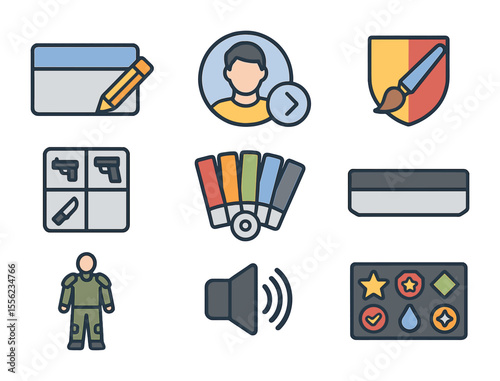 Multiplayer Customization Icons. Flat icon set of multiplayer customization: player tag editor, avatar