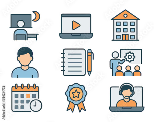 Adult Education Icons. Flat icon set of adult education programs: evening class symbol, e-learning platform,