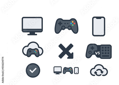 Gaming Icons Grid. Flat icon set of multiplayer platform compatibility: PC monitor, console controller, mobile