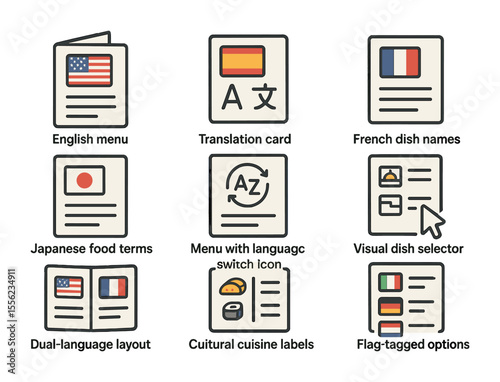 Multilingual Menu Icons. Flat icon set of multilingual menu cards: English menu, Spanish translation card,