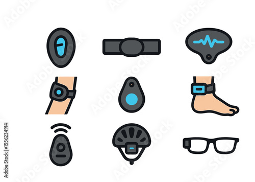 Wearable Sports Sensors Icons. Flat icon set of wearable sports sensors: foot pod, chest strap, muscle sensor