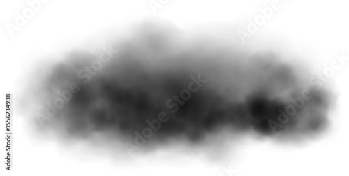 Black smoke cloud isolated on white background. Dark realistic fog cloud with soft edges and transparent texture. Vector illustration for explosion, pollution, or dramatic effect themes.