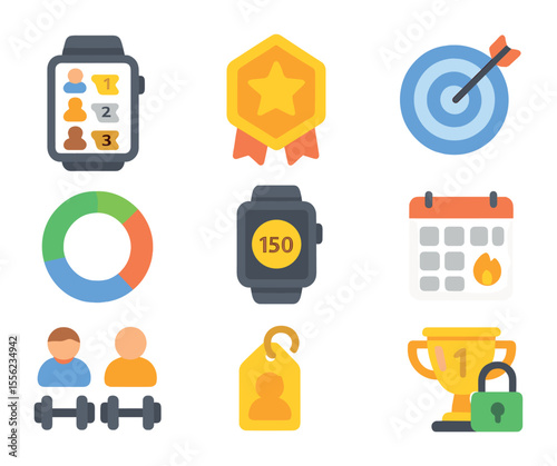 Gamified Fitness Icons. Flat icon set of gamified fitness wearables: leaderboard screen, reward badge icon,