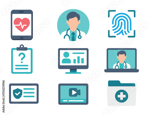 Digital Health Icons. Flat icon set of digital health solutions: mobile health app, virtual doctor avatar,