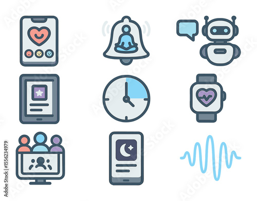 Modern Mental Health Tools. Flat icon set of digital mental health tools: mood tracking app, meditation