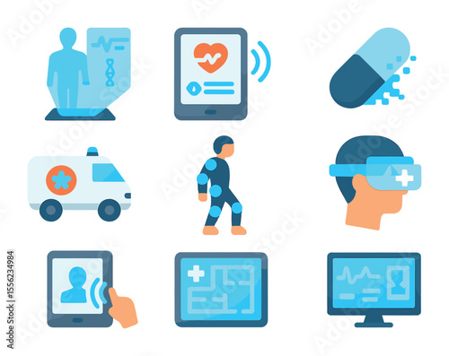 Futuristic Medical Icons. Flat icon set of futuristic patient care: hologram diagnosis display, contactless