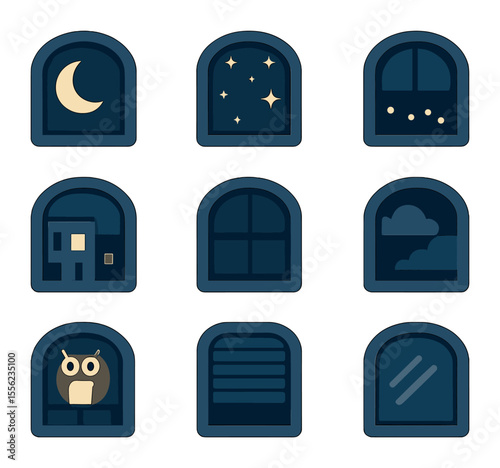 Nighttime Window Icons. Flat icon set of night time window views: moon outside, starry sky, distant lights,