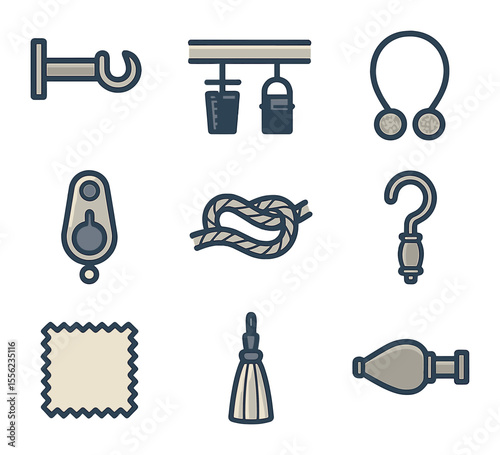 Curtain Accessory Icons. Flat icon set of curtain accessories: curtain rod bracket, curtain clips, magnetic