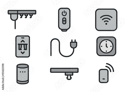Smart Curtain Icon Set. Flat icon set of automatic curtain systems: motorized rail, remote control, smart