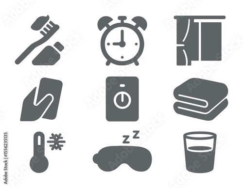 Sleep Routine Icons. Flat icon set of sleep preparation rituals: brushing teeth, setting alarm, curtain drawn,