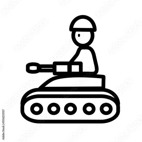 Cartoon Soldier Driving Tank Line Art Vector. Military Tank with Driver Icon – Outline Style