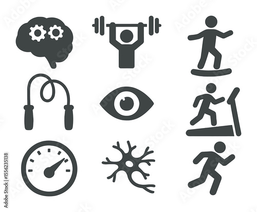 Cognitive Fitness Icons. Flat icon set of cognitive function and fitness: brain with gears, weightlifting icon
