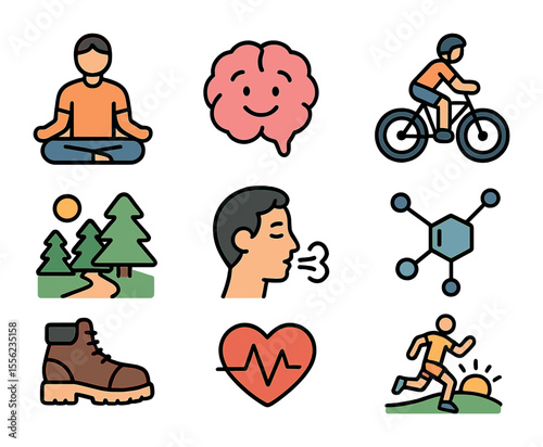Mental Health Icons. Flat icon set of mental health and physical activity: meditation posture, brain with