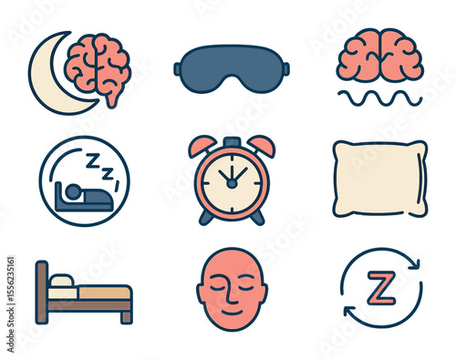 Sleep and Health Icons. Flat icon set of sleep and cognitive health: moon and brain, sleep mask, brainwaves,