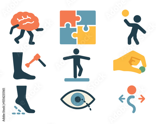 Brain-Body Coordination Icons. Flat icon set of brain-body coordination: brain with arms and legs,