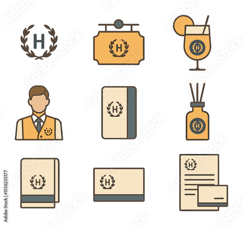 Modern Hospitality Icons. Flat icon set of hospitality brand identity: logo design, hotel signage, welcome