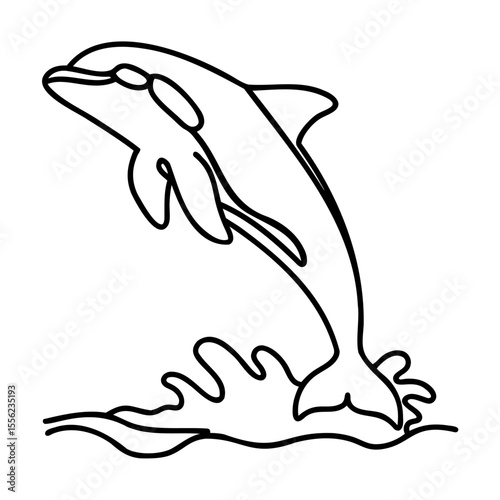 Black line art of a jumping orca with water splashes on white background