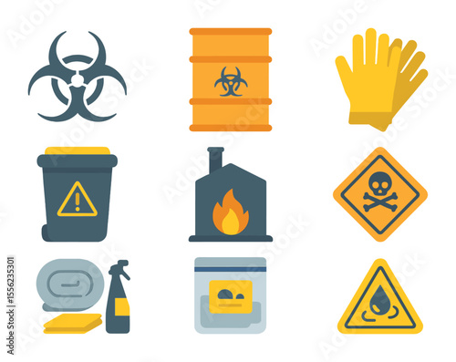 Hazardous Waste Icons. Flat icon set of hazardous waste management: biohazard symbol, chemical drum, safety