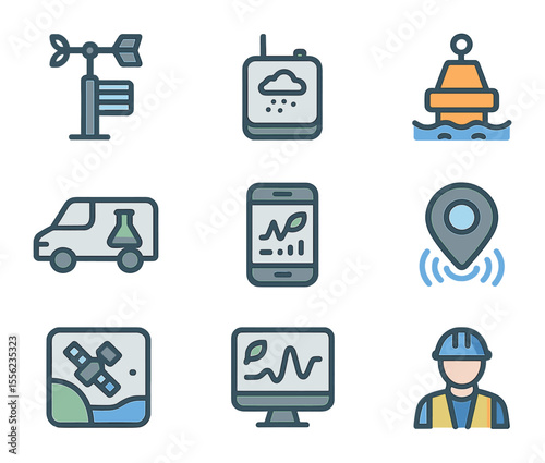 Environmental Monitoring Icons. Flat icon set of environmental monitoring stations: weather sensor, air