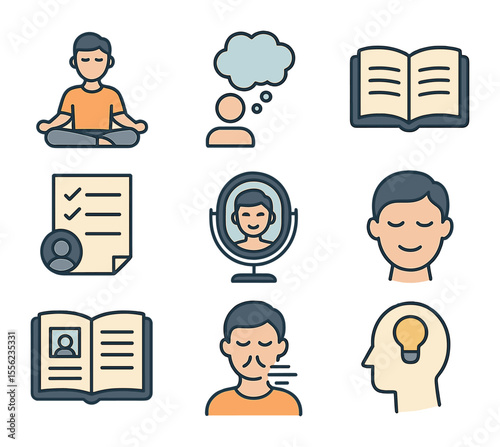 Self-Reflection Icon Set. Flat icon set of self-reflection and improvement: person meditating, thought bubble,