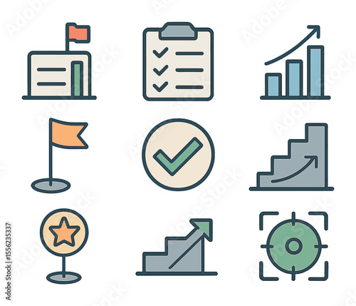 Progress Tracking Icons. Flat icon set of progress tracking visuals: goal chart, completed checklist, upward