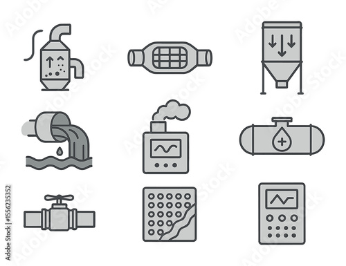 Industrial Pollution Control Icons. Flat icon set of industrial pollution control systems: air scrubber,