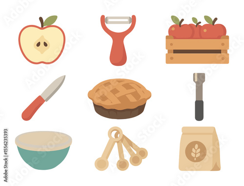 Apple Food Prep Icons. Flat icon set of food preparation with apples: sliced apple, peeler, apple crate,