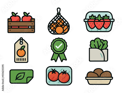 Fresh Produce Icons. Flat icon set of fresh produce packaging: fruit crate, net bag, clamshell box, barcode