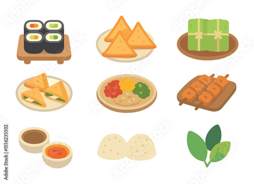 Global Cuisine Icons. Flat icon set of cultural food platters: sushi rolls, samosas, tamales, spanakopita,