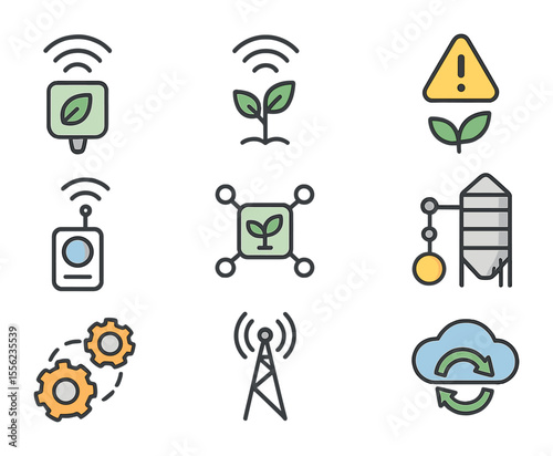 IoT Agriculture Icons. Flat icon set of IoT in agriculture: smart sensor, wireless signal, real-time alert,