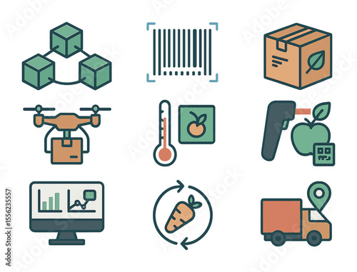 Smart Agriculture Icons. Flat icon set of smart supply chain in agriculture: blockchain icon, digital barcode,