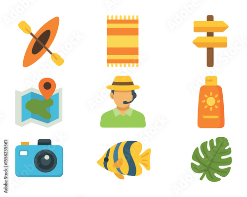 Tropical Excursion Icons. Flat icon set of tropical shore excursions: kayak, beach towel, hiking trail sign,