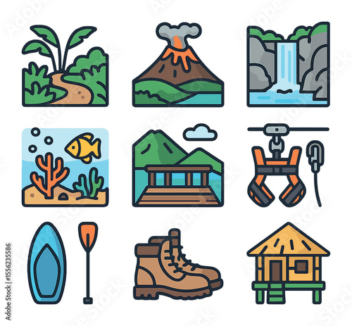 Exotic Island Icons. Flat icon set of exotic island adventures: jungle path, volcano view, hidden waterfall,
