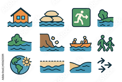 Sea Level Impact Icons. Flat icon set of sea level rise and displacement: flooded house, sandbag barrier,