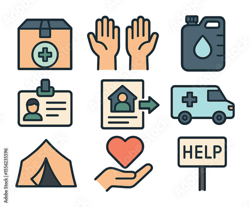 Refugee Support Icons. Flat icon set of environmental refugees support: aid box, volunteer hands, water