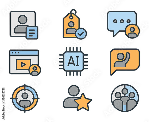 AI Personalization Icons. Flat icon set of AI-enhanced personalization: customer profile, behavior tag,