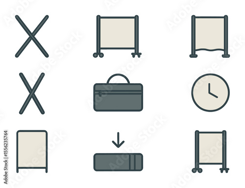 Portable Privacy Dividers. Flat icon set of portable privacy dividers: collapsible frame, wheeled screen,