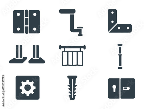 Room Divider Icon Set. Flat icon set of room divider hardware and accessories: hinge set, folding leg, corner