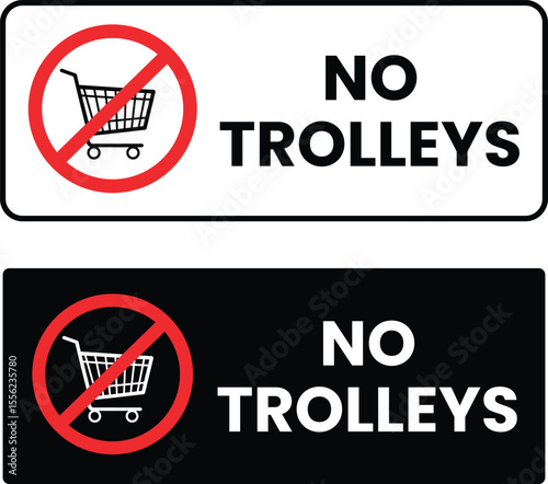 No trolleys sign. Shopping cart ban icon. Shopping cart is prohibited. Stop or ban red round sign with shopping cart icon. Vector illustration. No shopping cart icons set